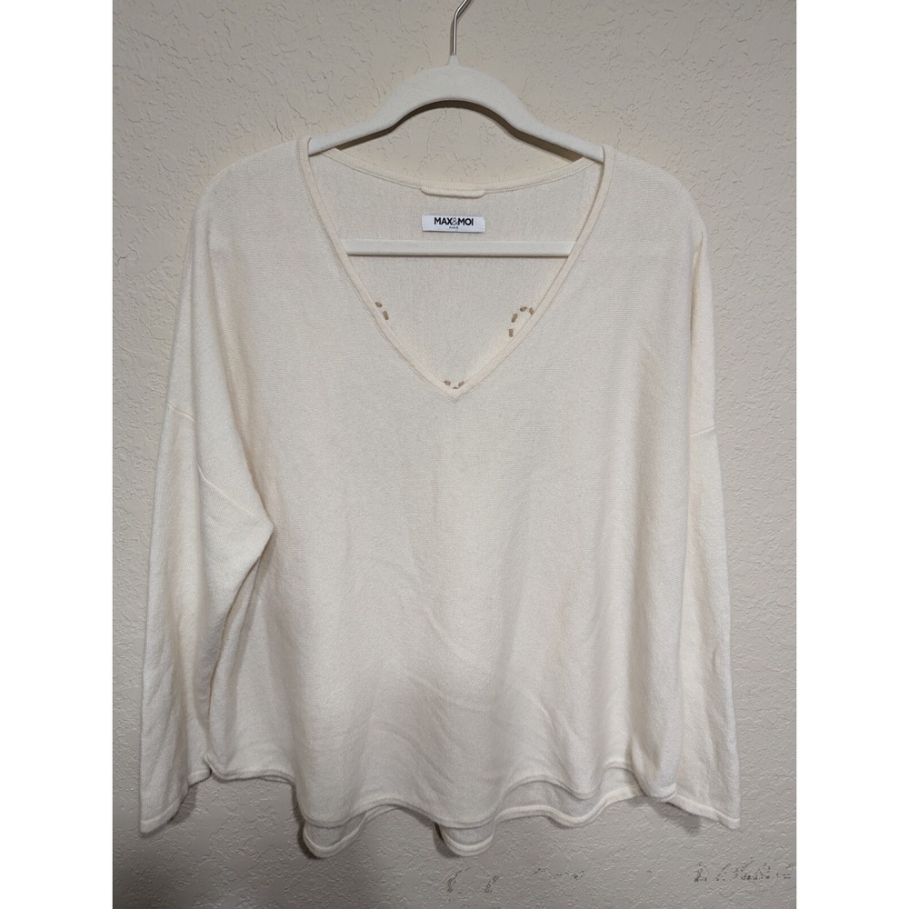 Max & Moi Paris "Smile" V-Neck Smile Graphic Stitched Oversized Sweater READ